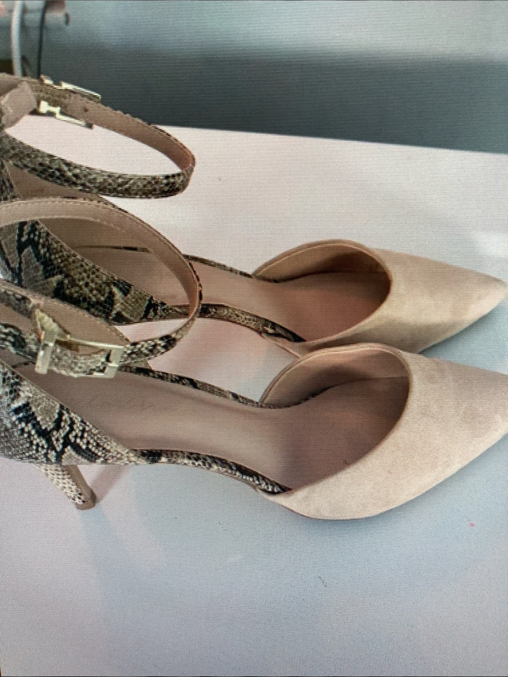 Neutral Pointed D'Orsay Heels with Snake-Print Ankle Straps